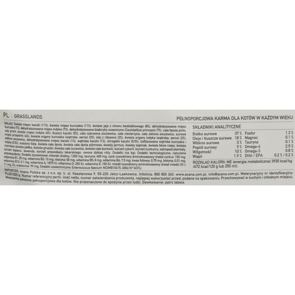 Aliments pour chat Acana Grasslands Poulet Dinde Poisson Veau Canard 4,5 Kg