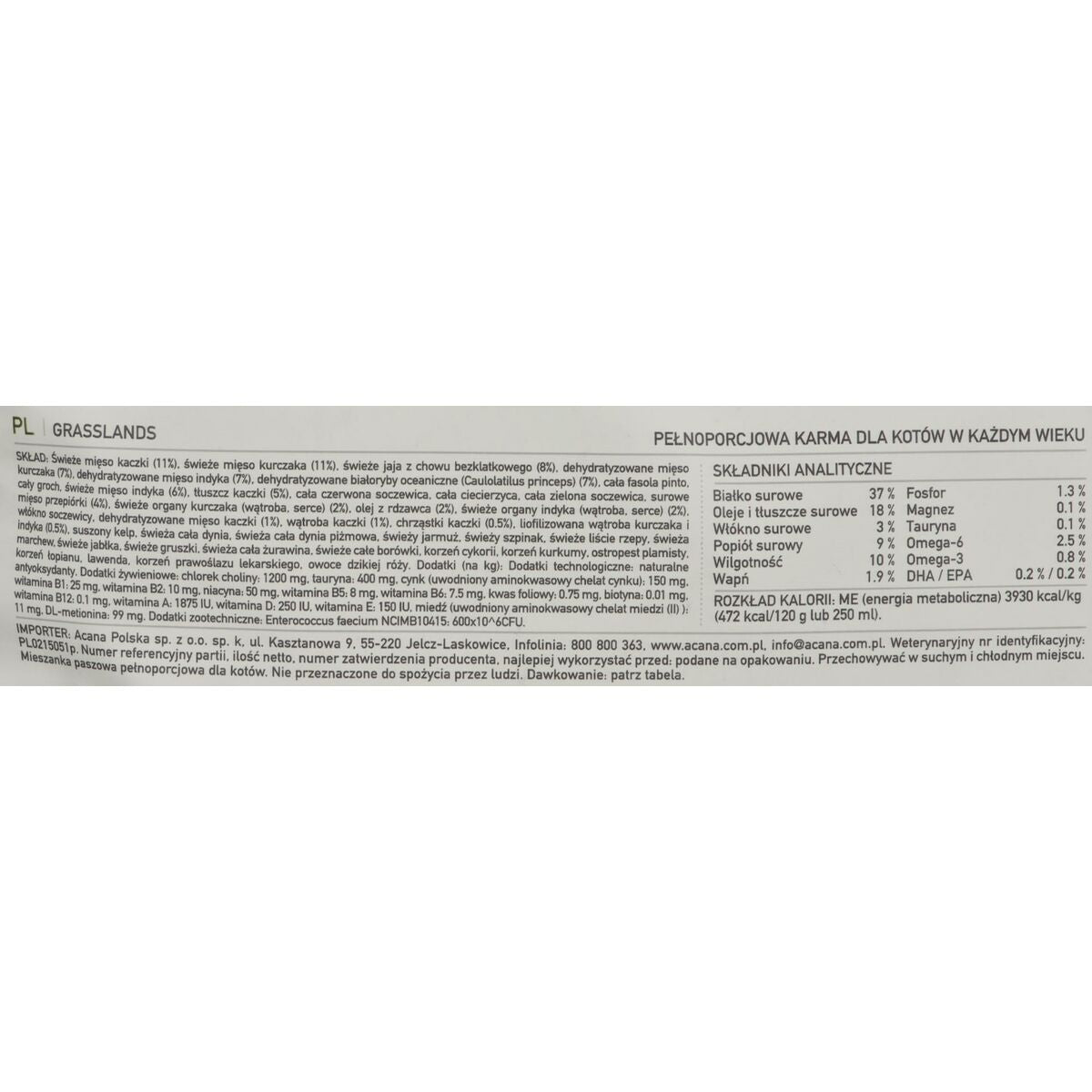 Aliments pour chat Acana Grasslands Poulet Dinde Poisson Veau Canard 4,5 Kg
