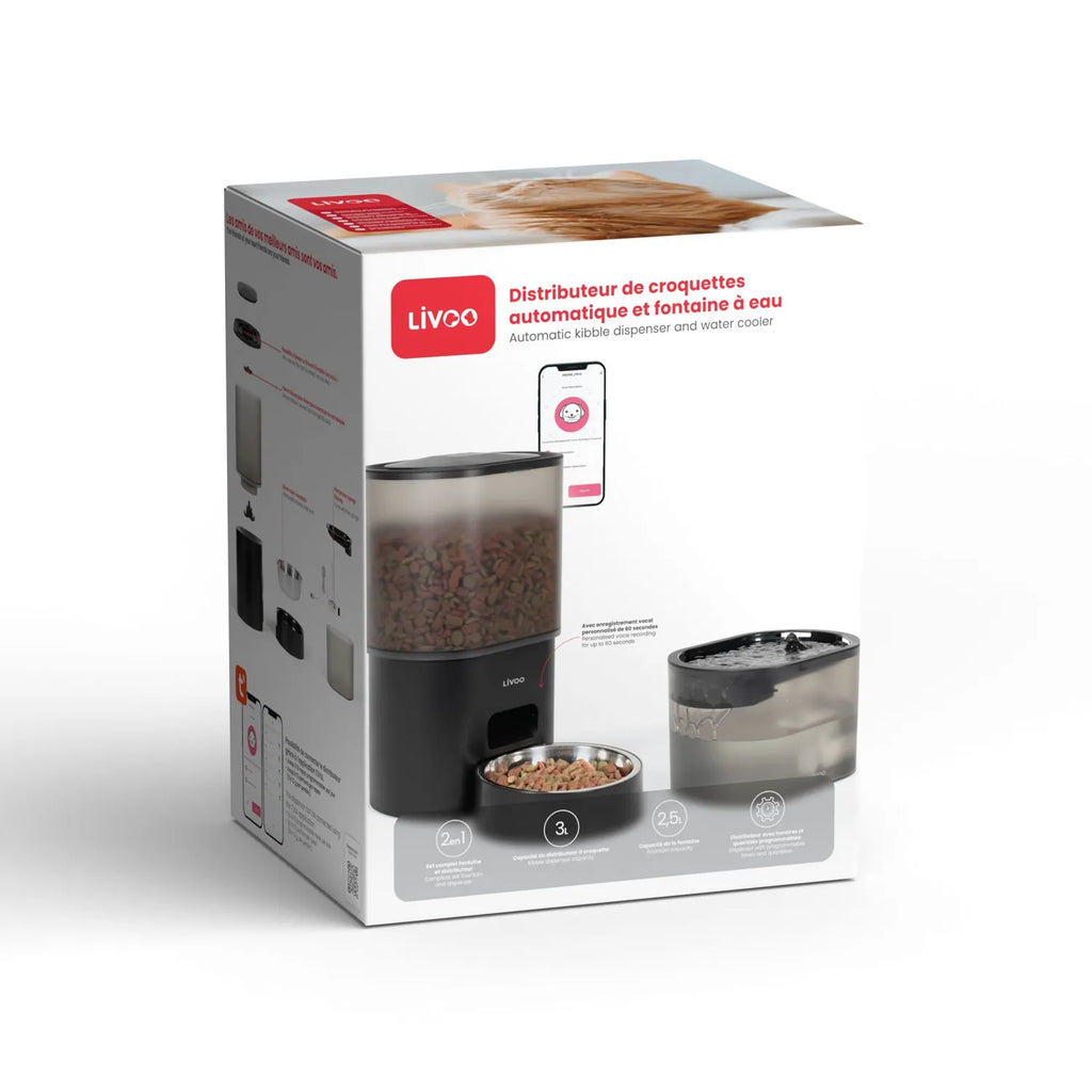 PET107 — Distributeur de croquettes + fontaine à eau — LIVOO