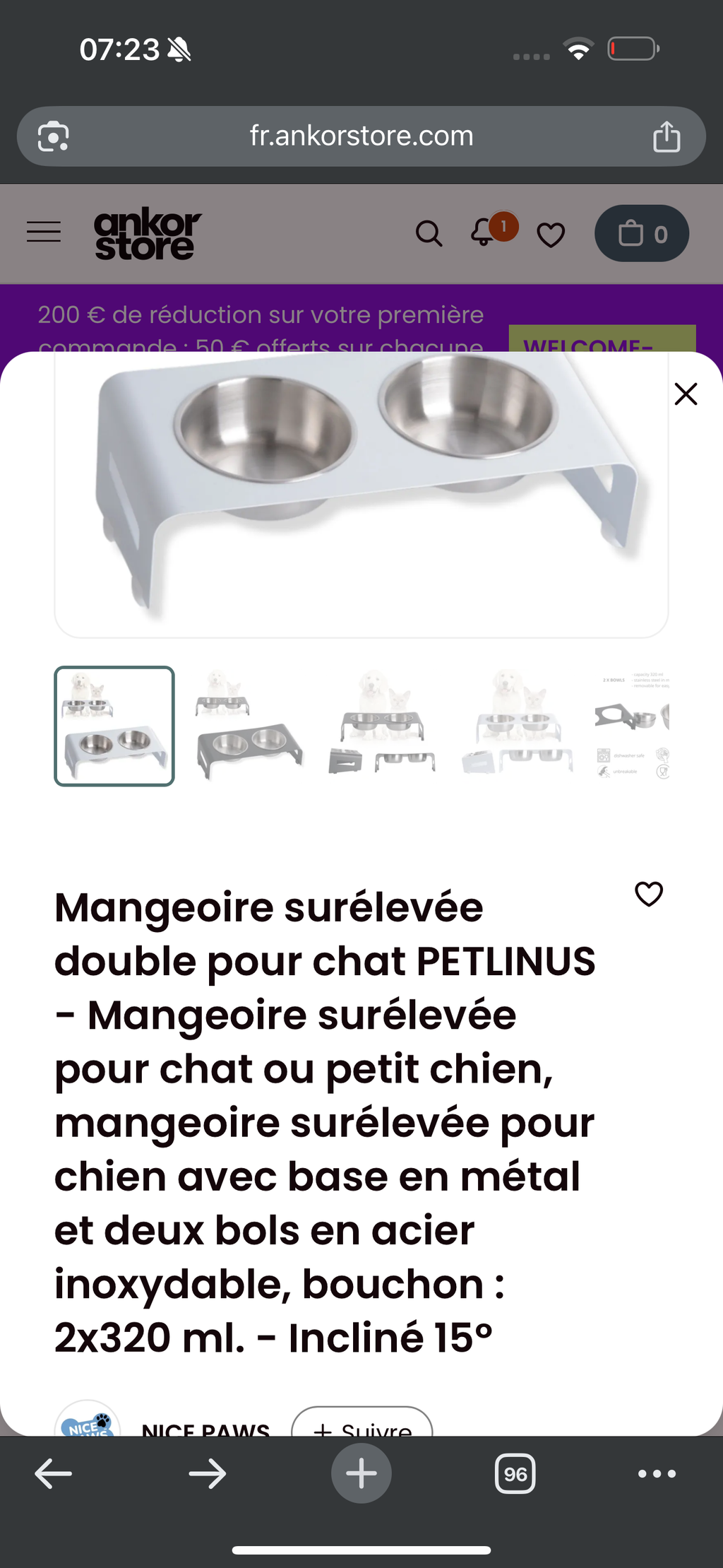 Mangeoire surélevée double PETLINUS – Inclinée 15° pour chat & petit chien